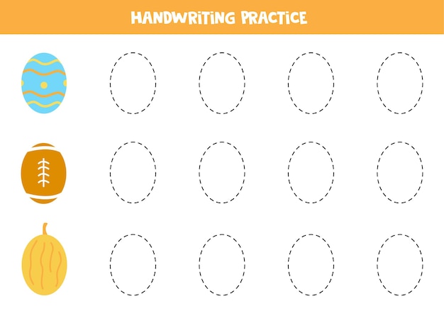 Tracing contours of cartoon oval objects. Handwriting practice for children.