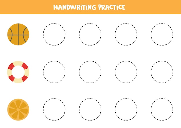 Tracing contours of cute circle objects. Handwriting practice for children.