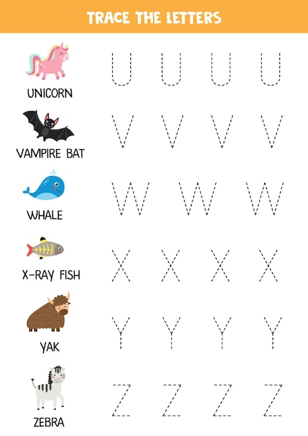 Tracing letters of English alphabet. Cute animal alphabet. Handwriting practice for preschool kids.