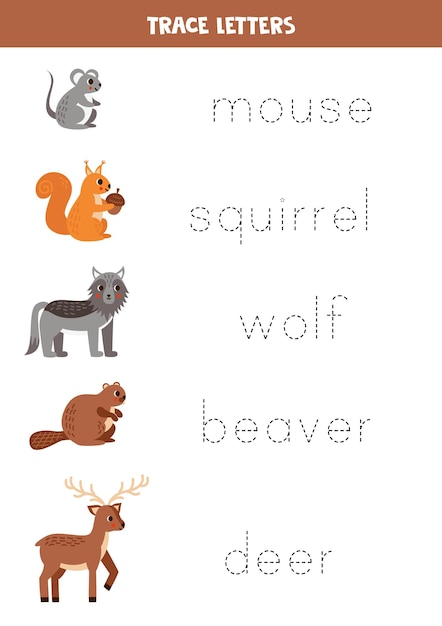 Tracing letters with cute woodland animals Writing practice