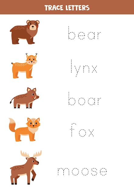 Tracing letters with cute woodland animals Writing practice