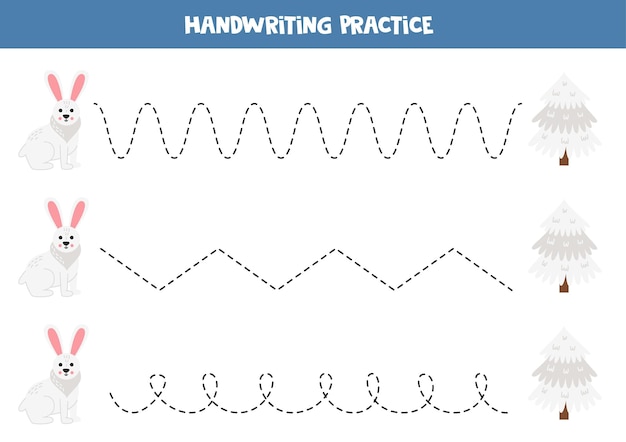Tracing lines for kids Cartoon arctic hare and pine tree