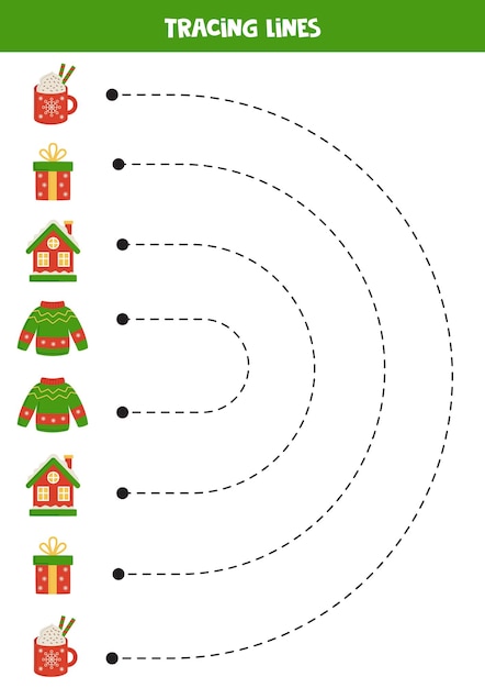 Tracing lines for kids Cartoon Christmas elements Writing practice