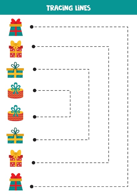 Tracing lines for kids Cartoon Christmas presents Writing practice