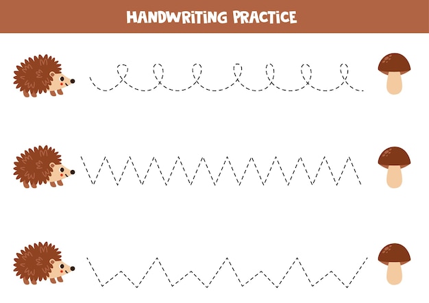 Tracing lines for kids Cartoon hedgehog and mushroom