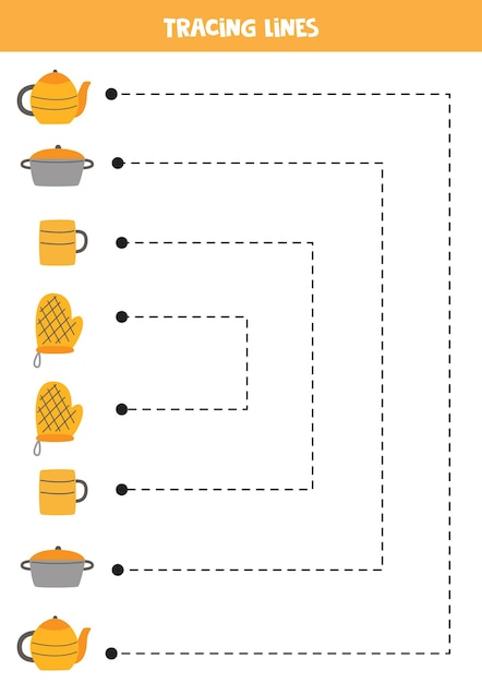 Tracing lines for kids Cartoon kitchen utensils