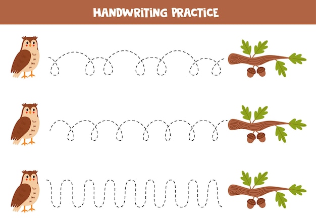 Tracing lines for kids Cartoon owl and oak branch