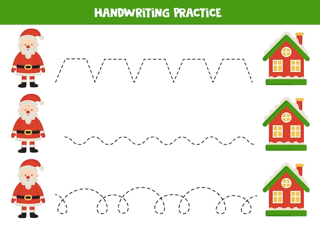 Tracing lines for kids cartoon Santa Claus and houses Writing practice