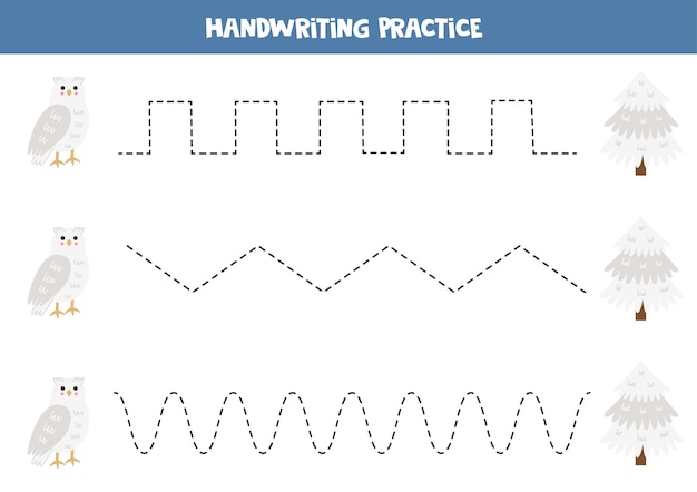 Tracing lines for kids Cartoon snowy owl and pine tree