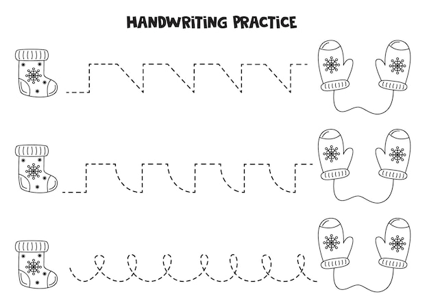 Tracing lines for kids Christmas stocking and mittens Black and white worksheet