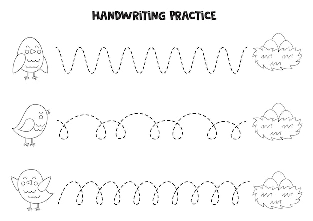 Tracing lines for kids Cute black and white birds Writing practice