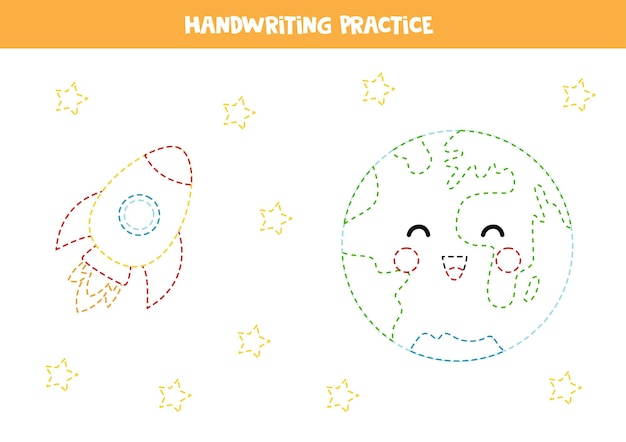 Tracing lines for kids Cute cartoon Earth and rocket Writing practice