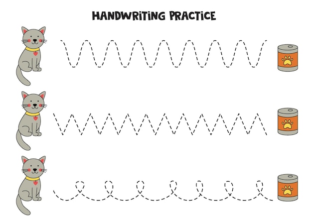 Tracing lines for kids Cute cat and food Writing practice