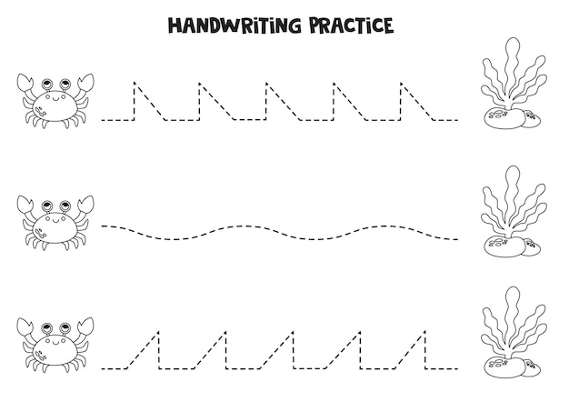 Tracing lines for kids Cute crab and seaweed Writing practice