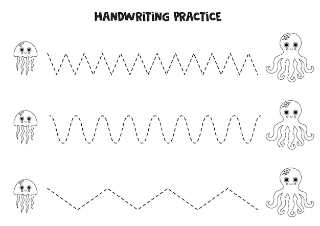 Tracing lines for kids Cute jelly fish and octopus Writing practice