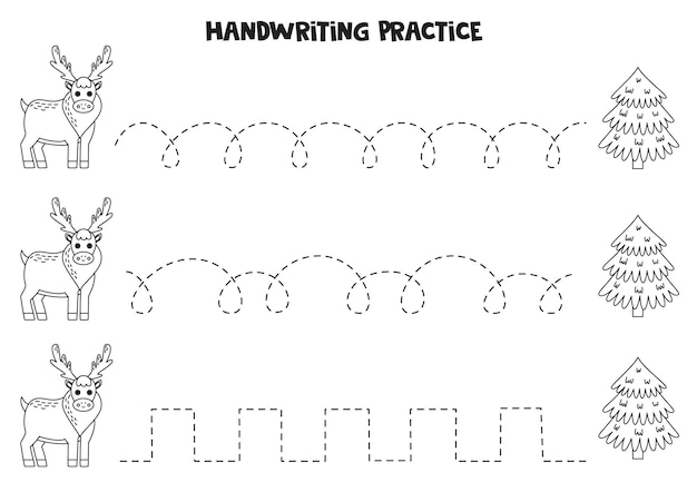 Tracing lines for kids Cute reindeer and fir tree Writing practice