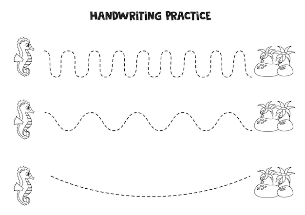 Tracing lines for kids Cute seahorse and anemones Writing practice