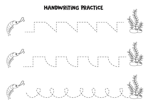 Tracing lines for kids Cute shrimp and seaweed Writing practice