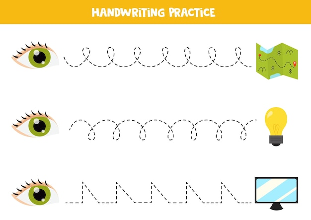 Tracing lines for kids Eye and objects Sense of sight Handwriting practice