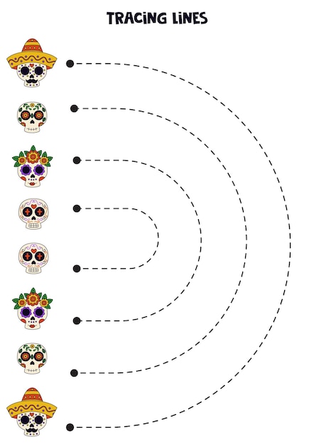 Tracing lines for kids Hand drawn Mexican skulls Writing practice