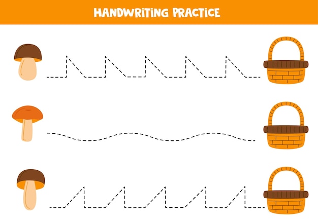 Tracing lines for kids Hand drawn mushrooms Writing practice