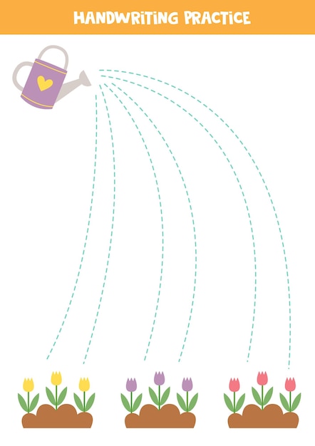 Tracing lines for kids Watering pot and flowers in soil