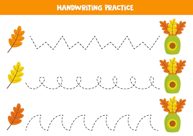 Tracing lines for kids with autumn leaves in vase Handwriting practice