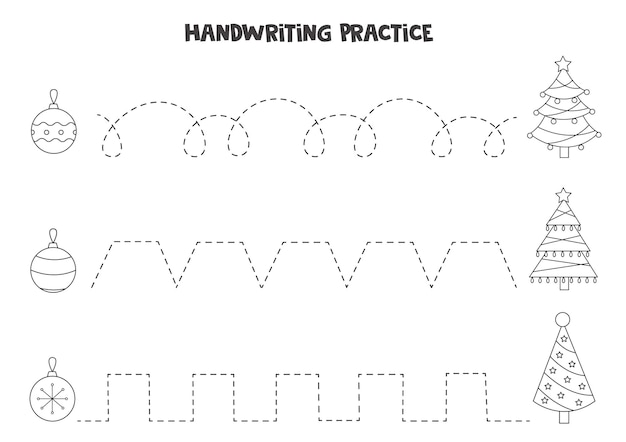 Tracing lines for kids with black and white Christmas trees and baubles. Handwriting practice for children.