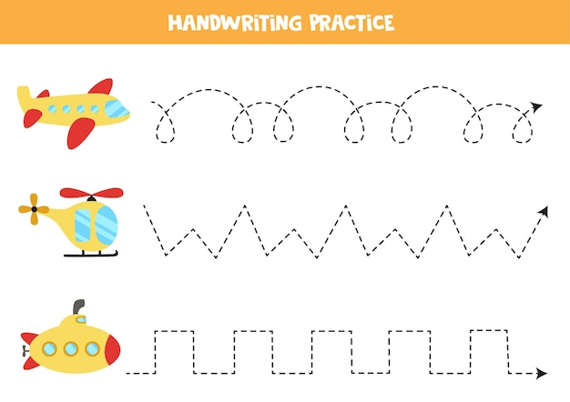 Tracing lines for kids with cartoon plane, helicopter, submarine. Handwriting practice for children.