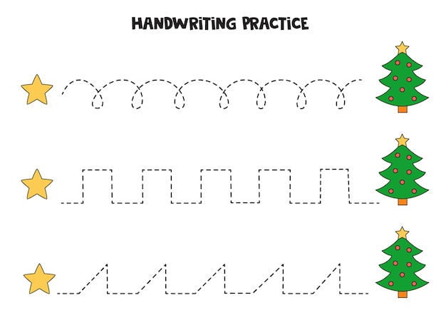 Tracing lines for kids with Christmas tree and star. Handwriting practice.