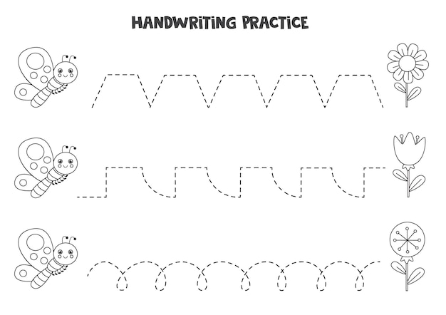 Tracing lines for kids with cute black and white butterfly and flowers. Handwriting practice for children.