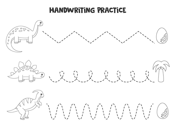 Tracing lines for kids with cute black and white dinosaurs. Handwriting practice for children.