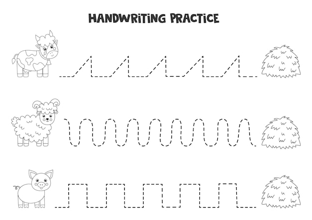 Tracing lines for kids with cute black and white farm animals. Handwriting practice for children.