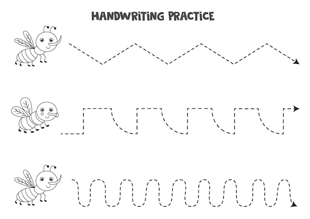 Tracing lines for kids with cute black and white gnat and fly. Handwriting practice for children.