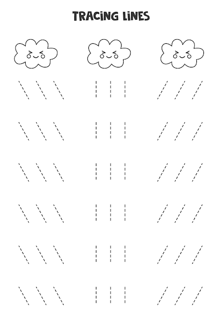 Tracing lines for kids with cute black and white kawaii clouds. Handwriting practice for children.