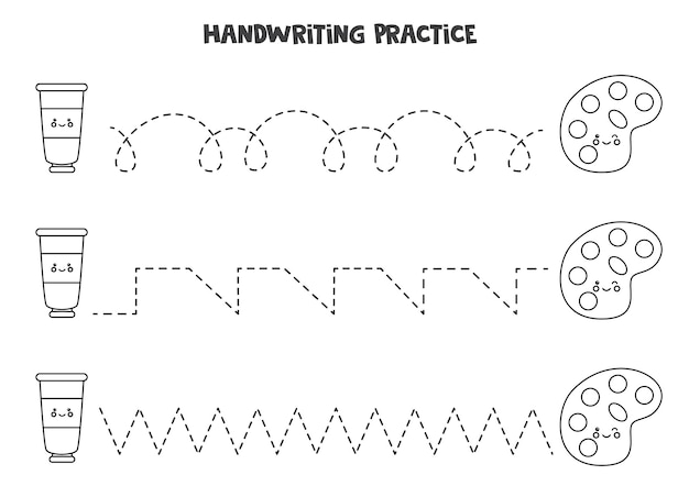 Tracing lines for kids with cute black and white paint tube and palette. Handwriting practice.