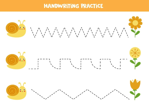 Tracing lines for kids with cute snail and flowers. Handwriting practice for children.