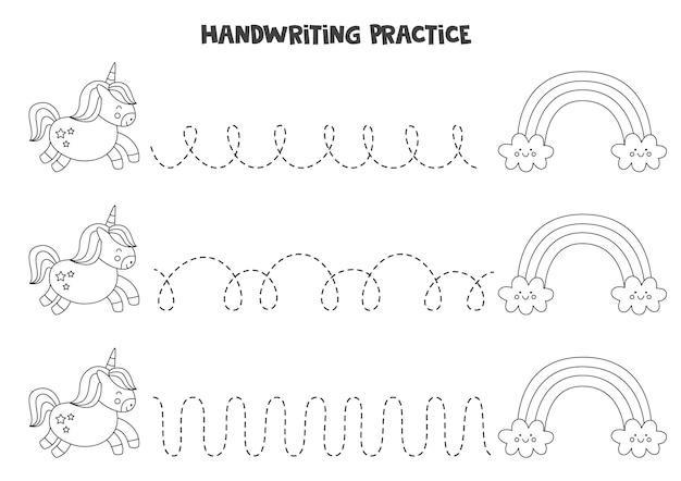 Vector tracing lines for kids with cute unicorn running to rainbow. handwriting practice.