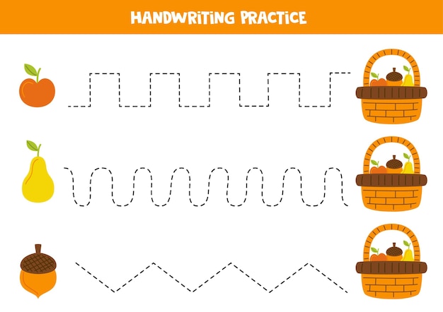 Tracing lines for kids with fruits and basket Handwriting practice