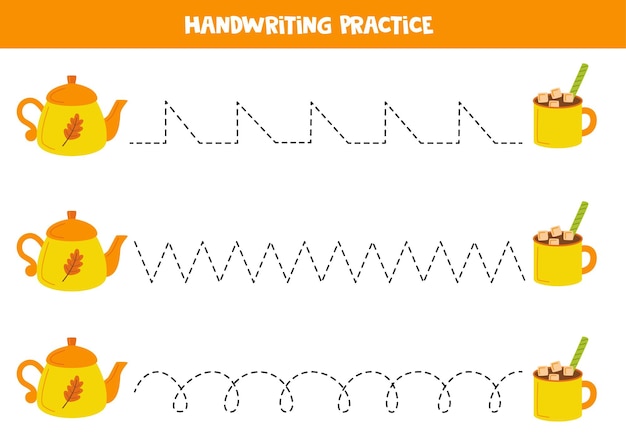 Tracing lines for kids with vector tea pot and cocoa Handwriting practice