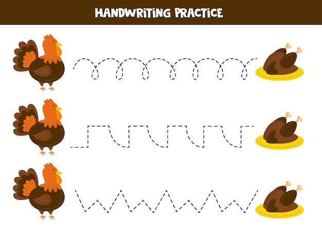 Tracing lines for kids with vector turkey Handwriting practice