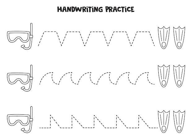 Tracing lines with black and white diving mask and flippers. Writing practice.