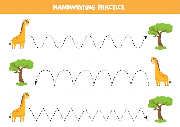 Tracing lines with cartoon giraffe and safari tree.