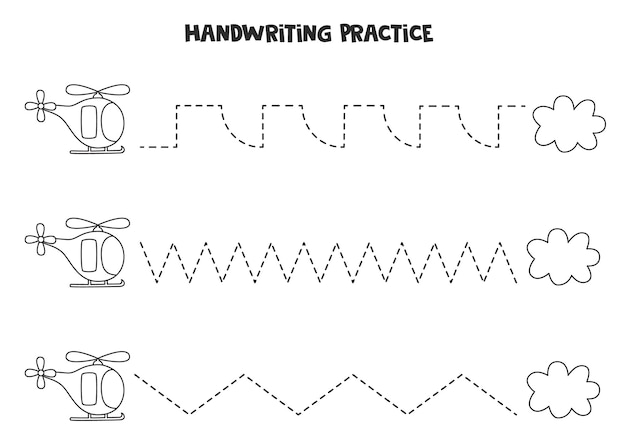 Tracing lines with cartoon helicopter and planes. Writing practice.