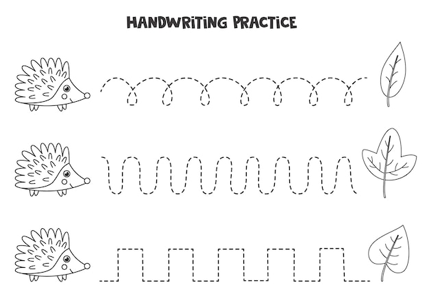 Tracing lines with cute black and white hedgehog. Writing practice.