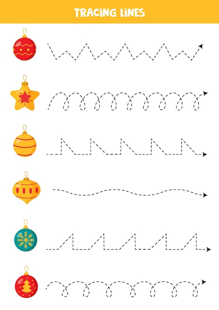 Tracing lines with cute cartoon Christmas baubles. Writing practice.