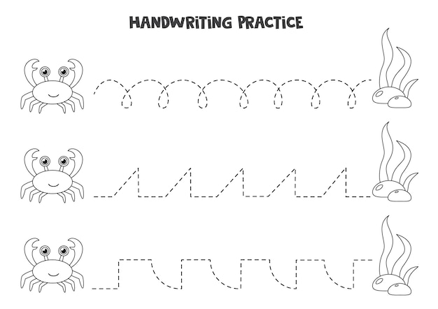 Tracing lines with cute crab and seaweed. Writing practice.