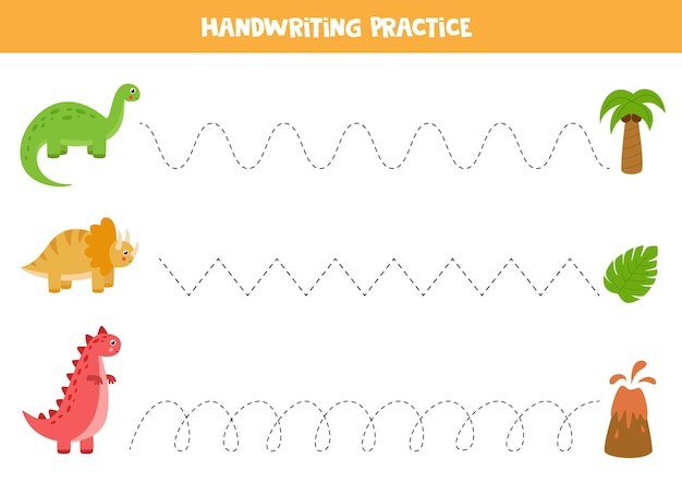 Tracing lines with cute dinosaurs. Handwriting practice for children.