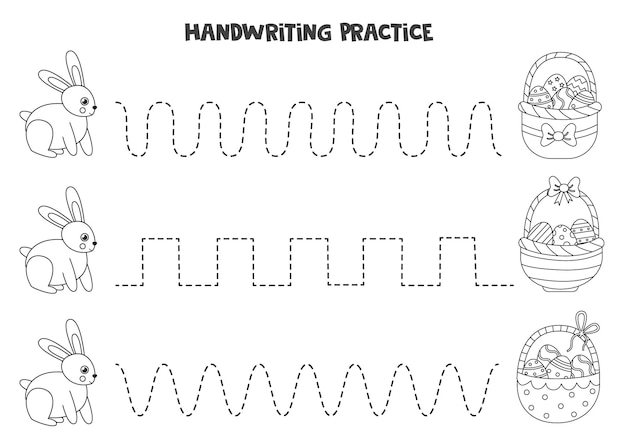 Tracing lines with cute Easter bunny and baskets. Writing practice.