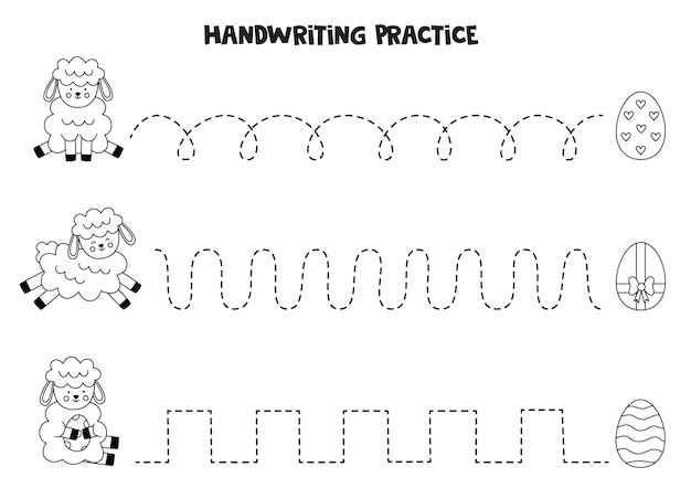 Tracing lines with cute Easter lambs Writing practice